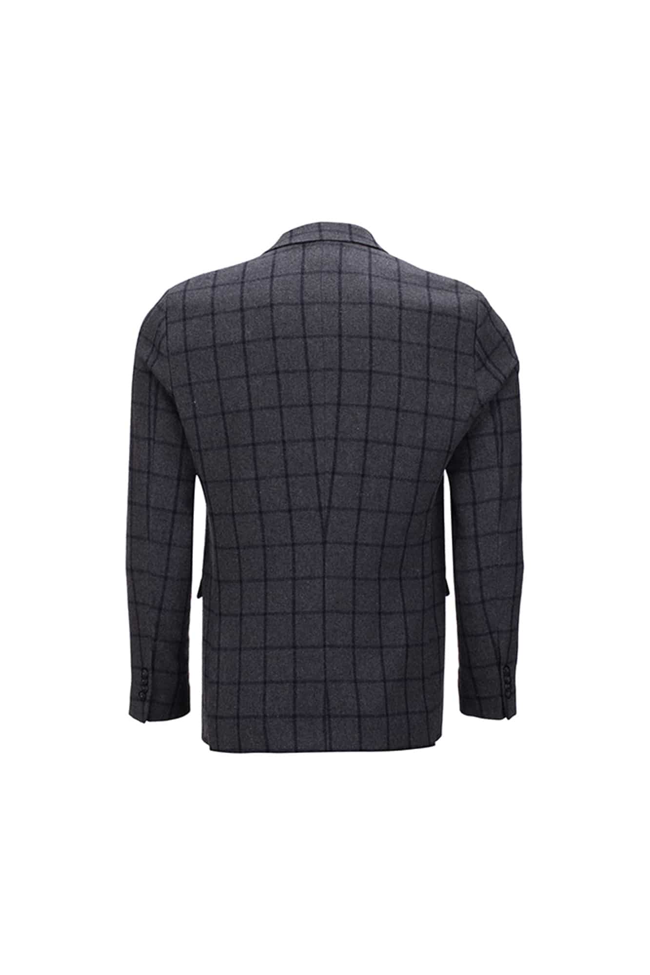 کت تک یقه بلیرز دو چاک تک دکمه طوسی تیره چهارخونه