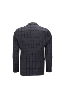 کت تک یقه بلیرز دو چاک تک دکمه طوسی تیره چهارخونه