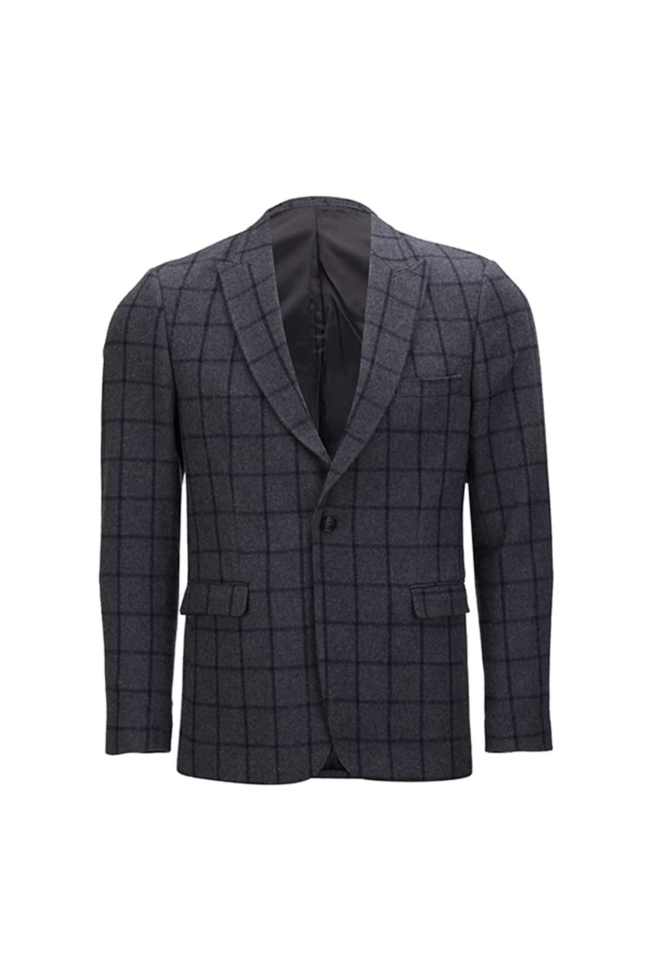 کت تک یقه بلیرز دو چاک تک دکمه طوسی تیره چهارخونه