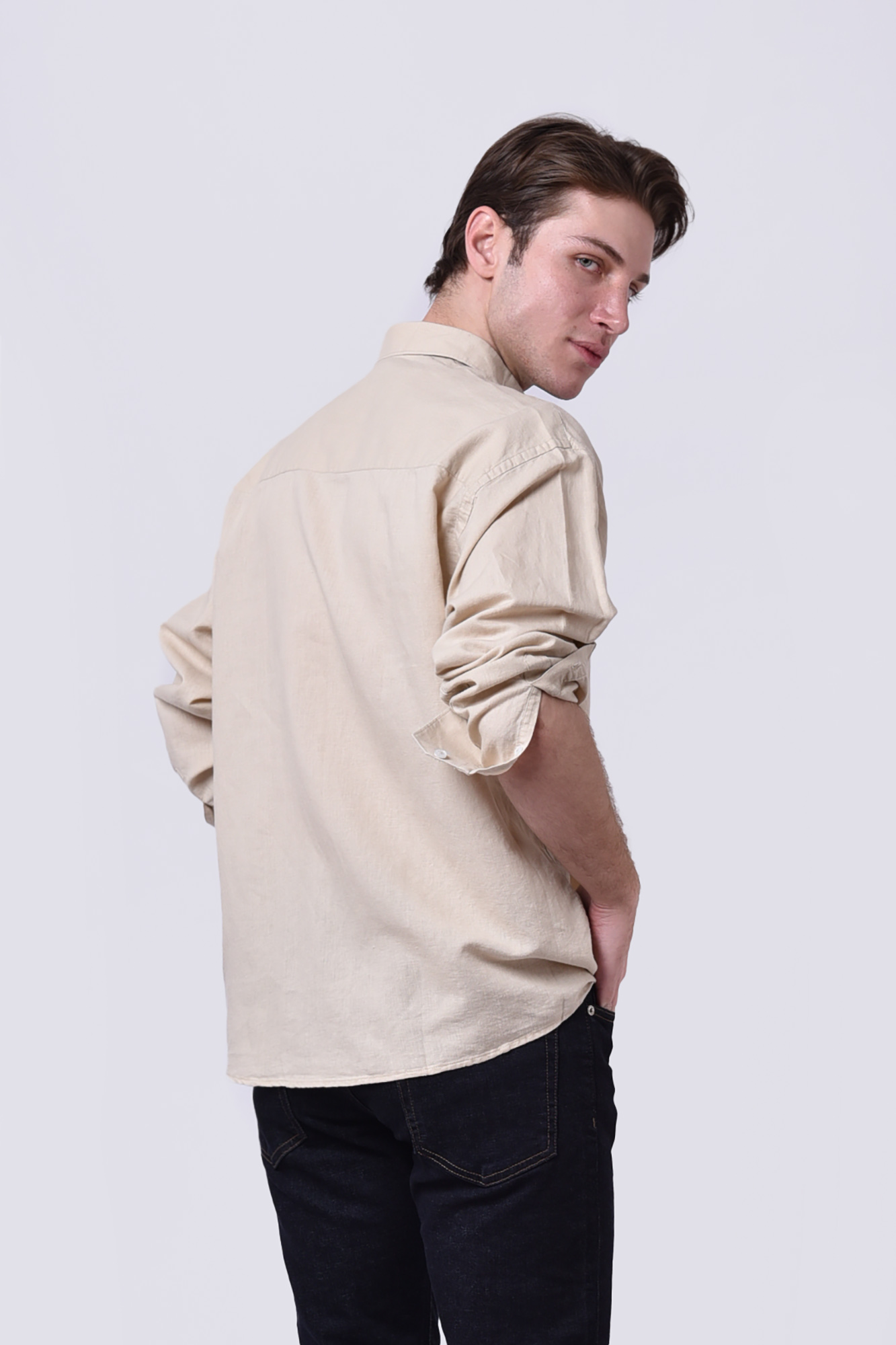 پیراهن آستین بلند یقه دار لینن