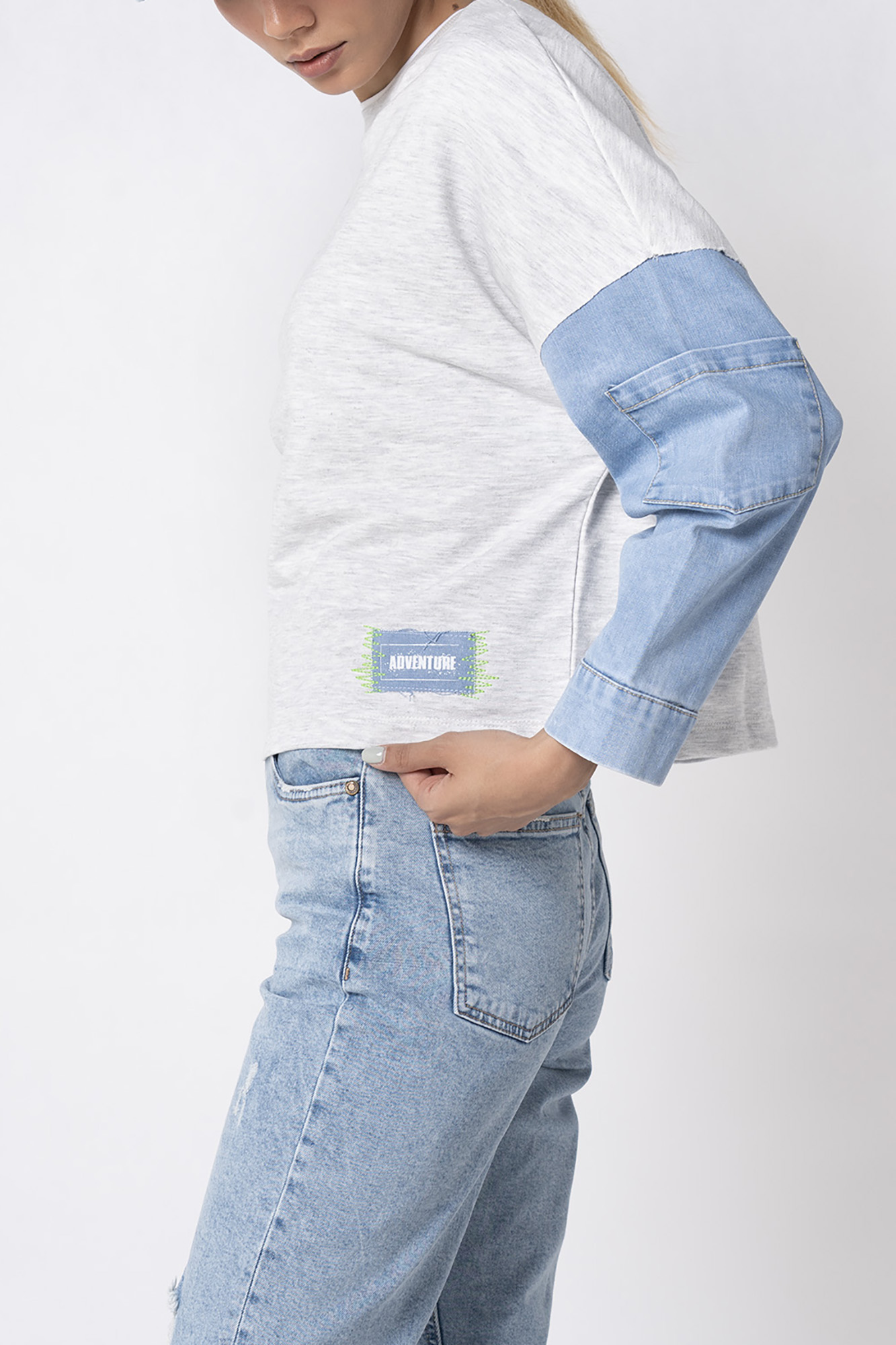 تی شرت آستین بلند زنانه ترکیبی دورس و جین