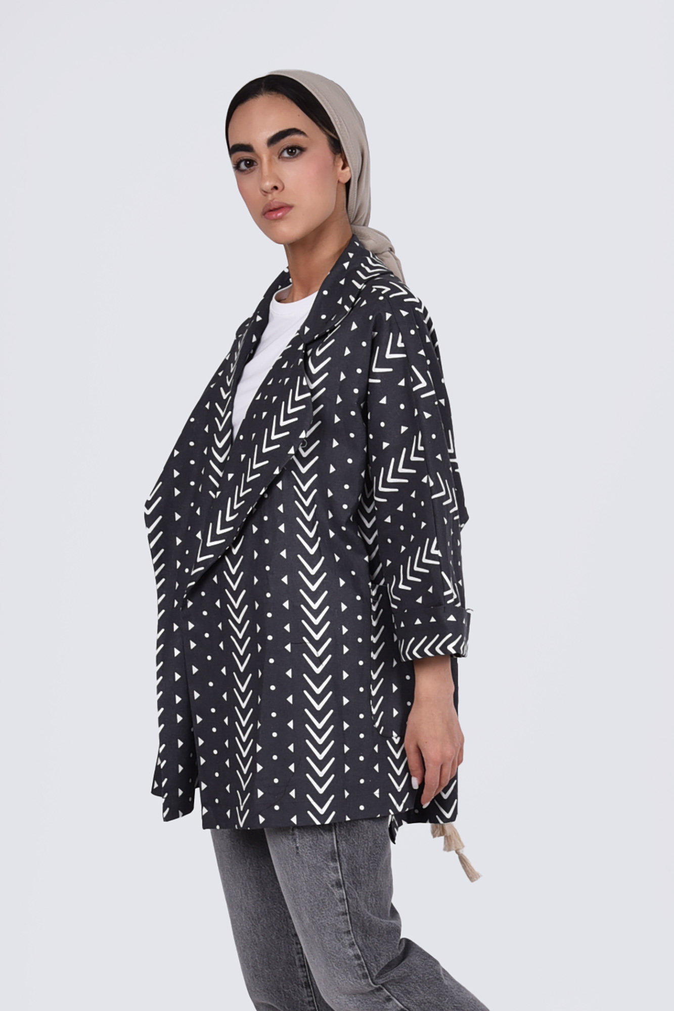 مانتو کیمونو یقه انگلیسی طرح دار لینن