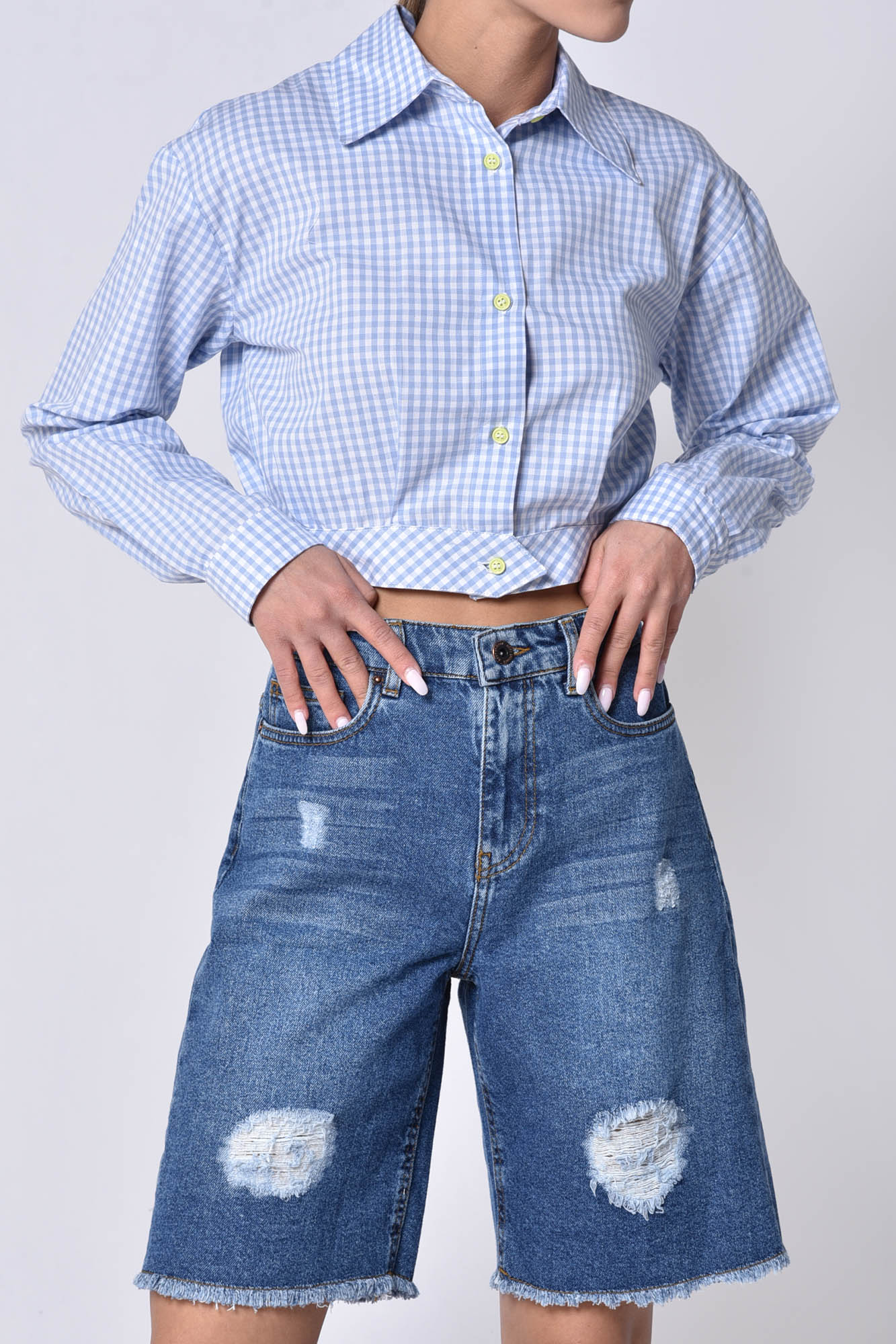 شومیز آستین بلند کراپ چهارخانه