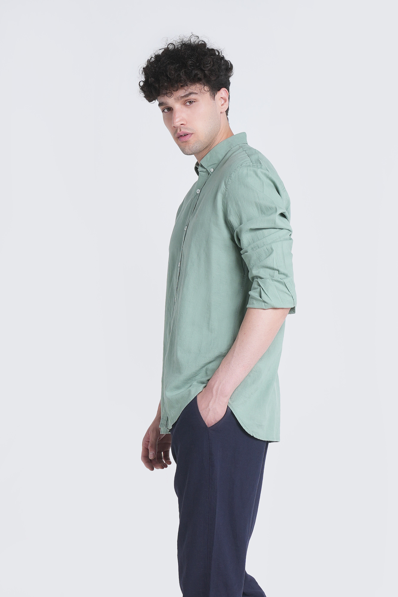 پیراهن آستین بلند یقه دار لینن