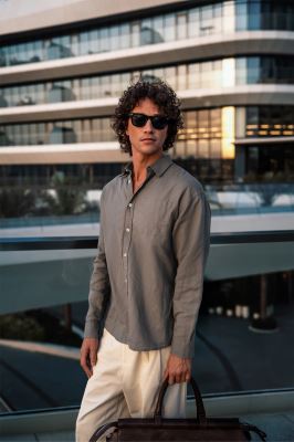 پیراهن آستین بلند یقه دار لینن